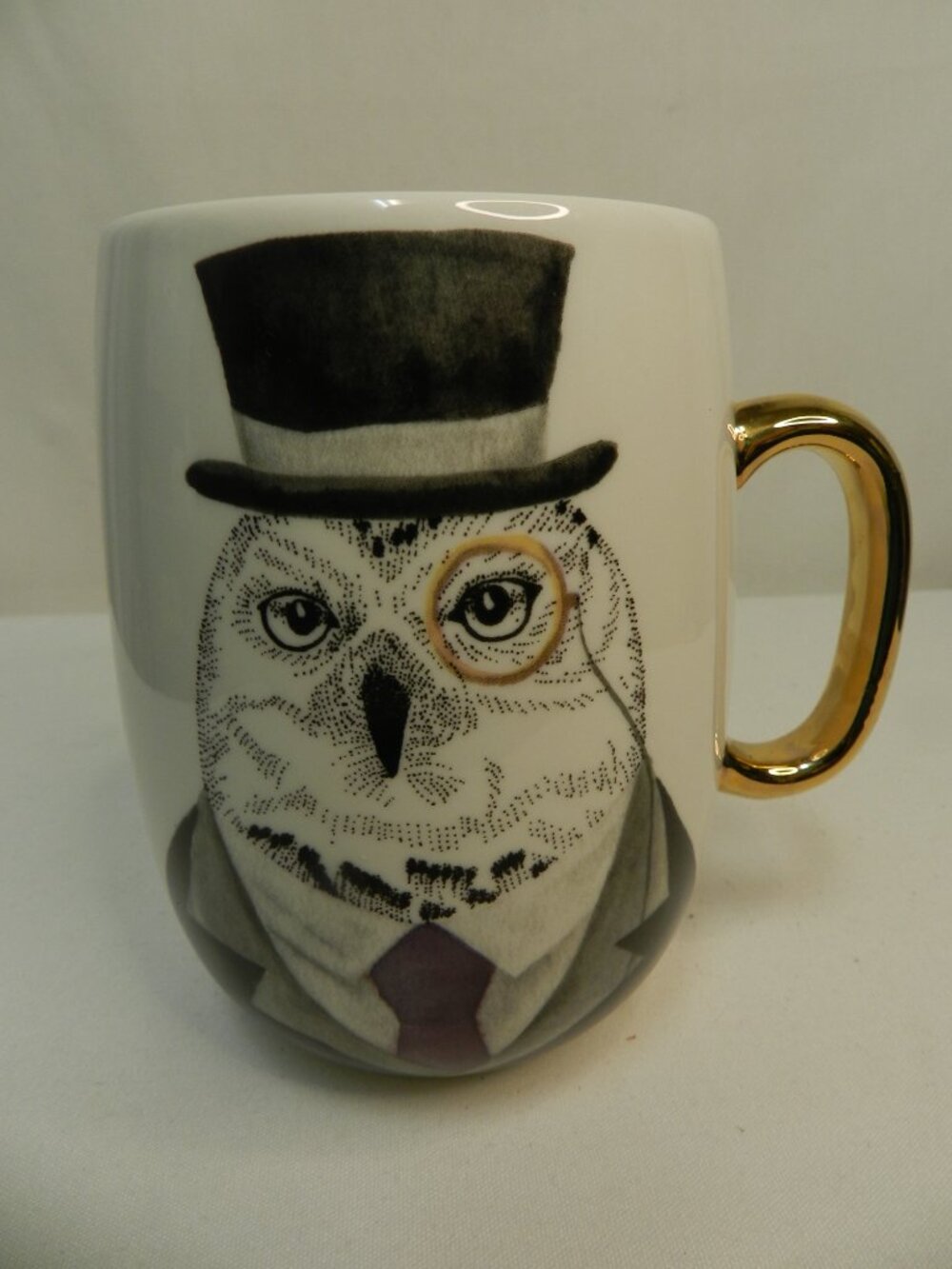 Pier 1 One Vintage Owl bird Mug Cup suit top hat 22 oz ceramic gold handle